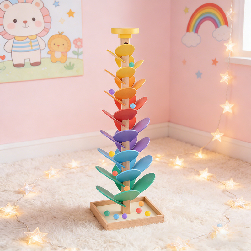 Toddler Learning Tower - ต้นไม้ดนตรีสีรุ้ง ของเล่นไม้ซ้อนชั้นพร้อมเสียง ของเล่นเสริมพัฒนาการเด็กเล็ก บล็อกไม้สร้างสรรค์พร้อมรางลูกบอลกลิ้ง