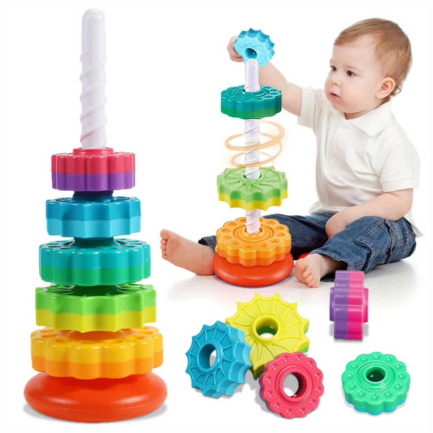 Toddler Learning Tower - ของเล่นต่อบล็อกหมุนได้รูปหอคอยสายรุ้ง 6 ชั้นสีสันสดใส ของเล่นเสริมพัฒนาการเด็กเล็ก บล็อกพลาสติกทนทาน